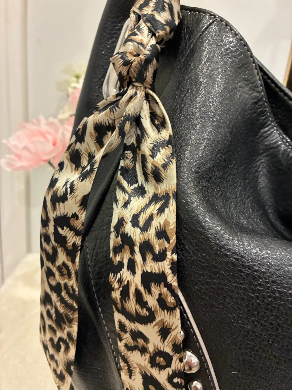MAXX New York Black Leather Studded Hobo Bag Leopard Scarf Rocker Y2K